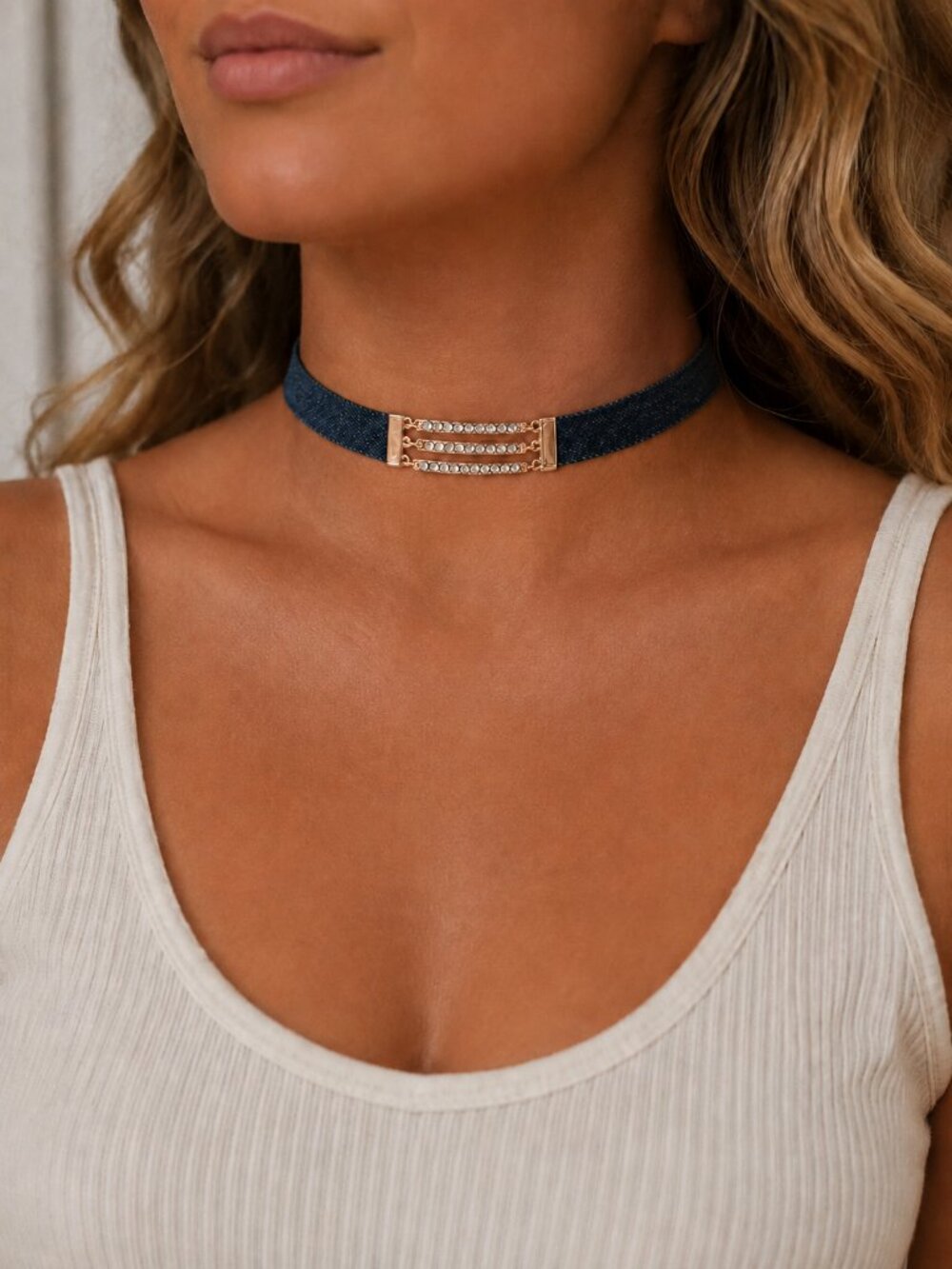 Mia Collection Denim Choker Necklace with Rhinestones